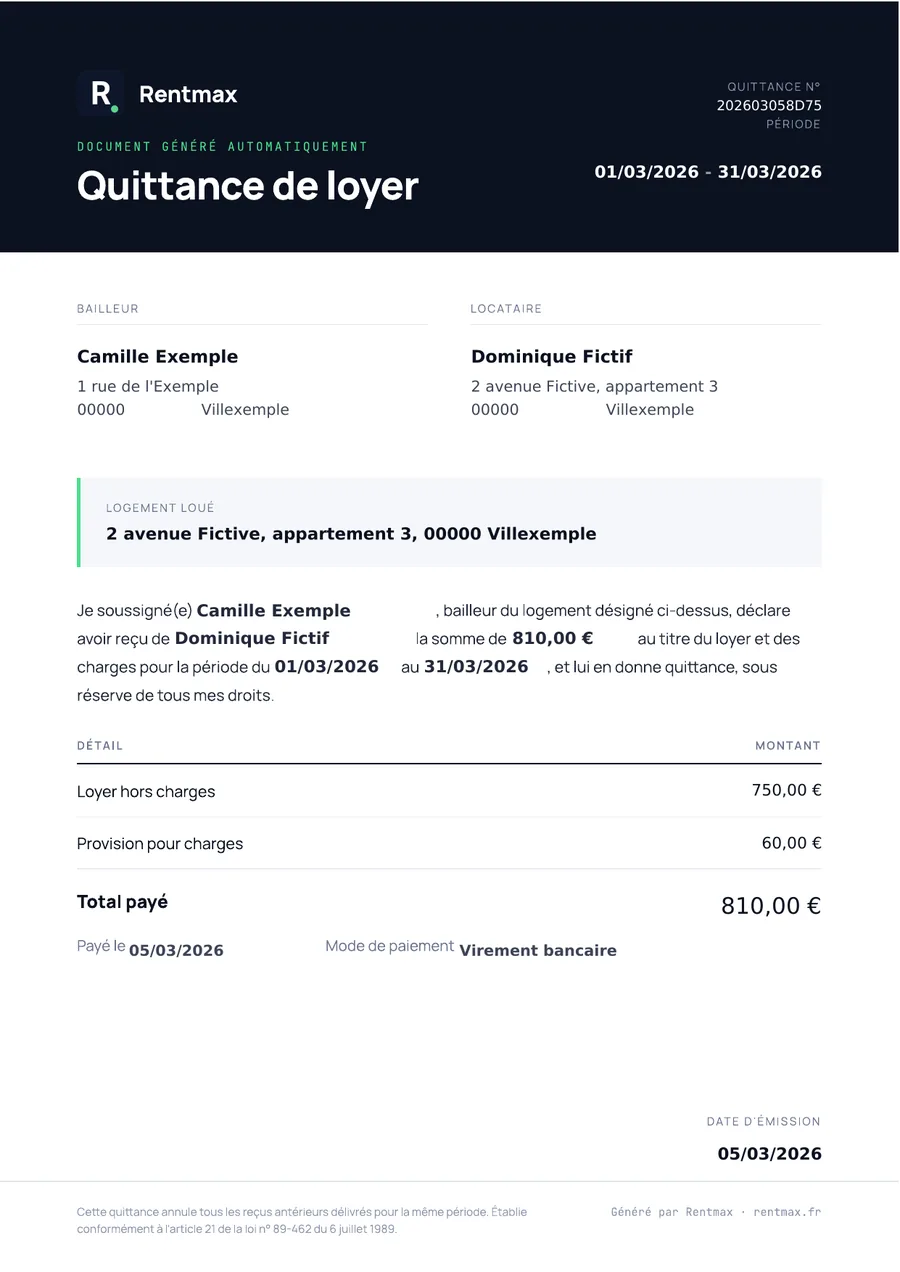 Exemple de quittance de loyer pour mars 2026 : bailleur, locataire et logement loué en haut, puis 750 € de loyer hors charges et 60 € de provision pour charges sur deux lignes séparées, pour un total payé de 810 €